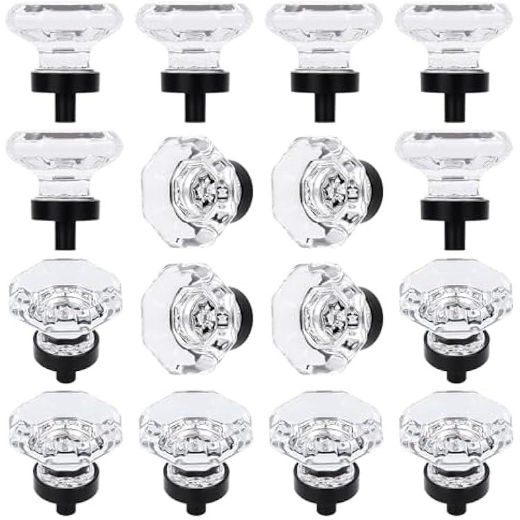 16 Pcs Crystal Cabinet Knobs, Glass Cabinet Knobs for Dresser Drawers, Kitchen Drawer Pulls Black Matte, Octagon