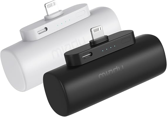 Miady 2-Pack Mini Portable Charger Built-in Connector Compact Battery Pack | 5000mAh PowerBankNot for AndroidLightweightfor TravelCompatible with iPhone 14/13 SeriesFlight-Safe18WhBlack+White