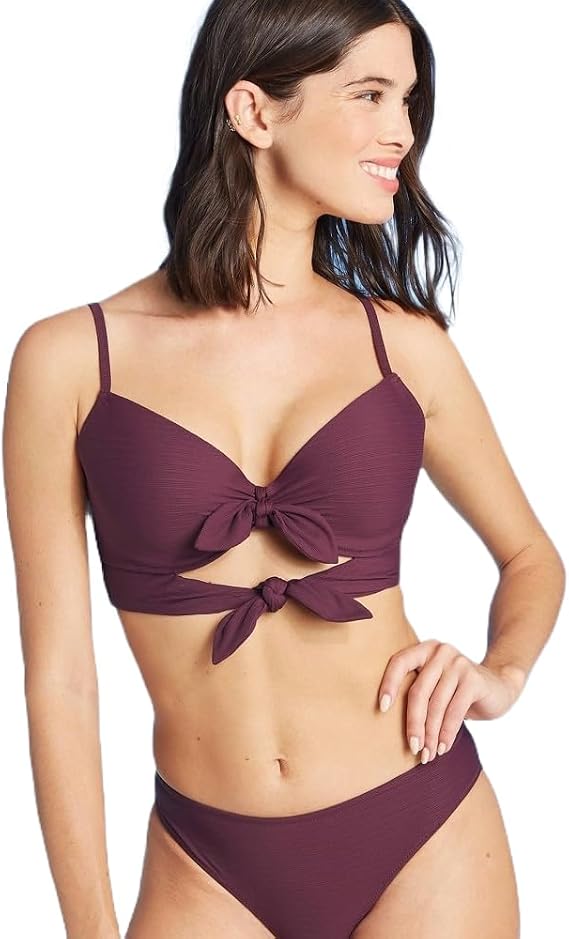 Shade & Shore Women's Light Lined Double Tie Front Ribbed Bikini Top - (32B)