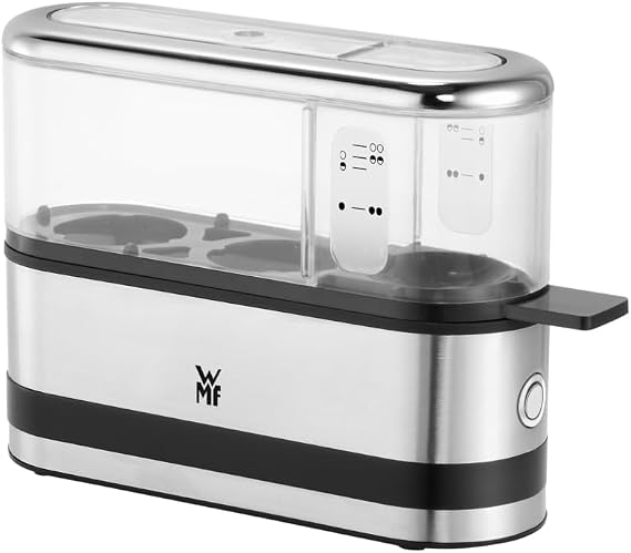 WMF Küchenminis Yumurta Pişirme Makinesi, Cromargan Yüksek Kaliteli Paslanmaz Çelik, 1–2 Yumurta Kapasiteli, Az, Orta ve Tam Pişirme Ayarlı, Kolay Pişirme Derecesi Ayarı, 250 W | Orta veya sert, en iyi sonuçlar için kolay ayar, 250 W, ölçüm kabı, yumurta küreği, yer tasarrufu sağlayan tasarım