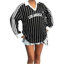 EGELEXY Womens Baseball Shirts Striped Letter Print Y2k Jersey Streetwear Collar V Neck Long Sleeve Pullover