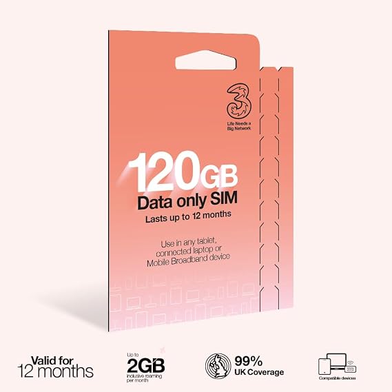 Three PAYG Mobile Broadband SIM, Pre-loaded with 120GB of Data that Lasts up to 12 Months