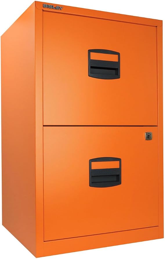 2-Drawer Home File Cabinet - Bisley Orange, 2 Hanging File Drawers, Powder-Coated Steel, Sturdy Pull Handles, Locking Drawers by Bisley | 2 Hanging File Drawers, Powder-Coated Steel, Sturdy Pull Handles, Locking Drawers