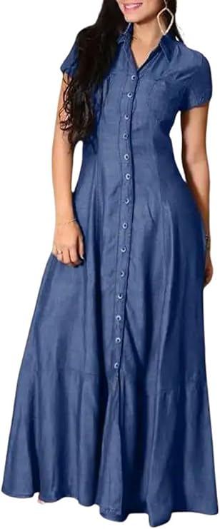 utcoco Womens Short Sleeve Denim Maxi Dress Casual Loose Fit Button Down Long Jean Dresses