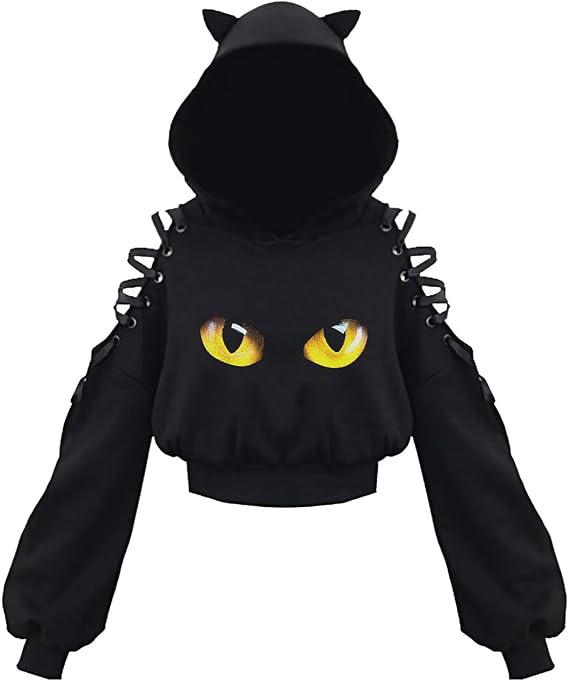Womens Cat Ear Hoodie Sweatshirt Long Sleeve Sweater Off Shoulder Cat Cute Crop Top Hoodies Pullover