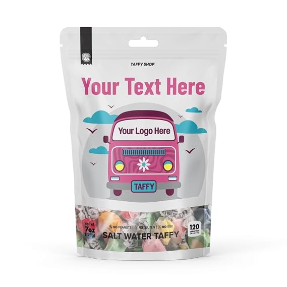 Taffy Shop Road Trippin' Personalized Salt Water Taffy Gift Bag -7 oz (30 Pieces), Gourmet Soft Chewy Candy, Individually Wrapped, Made in USA - Customize Your Bag Design, Text & Flavors