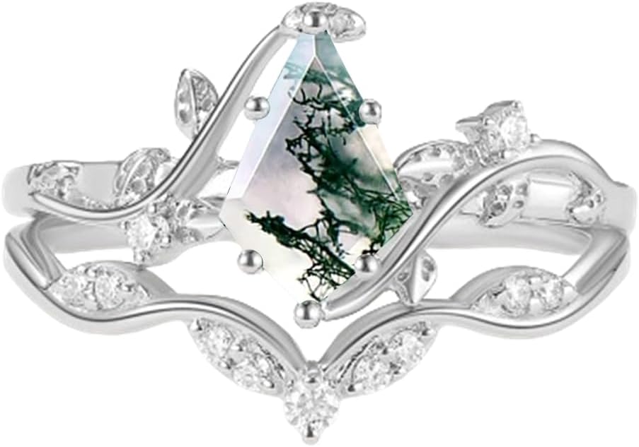 Natural Moss Agate Ring Set for Women with Moissanite 1CT Center Kite Cut Natural Moss Agate Wedding Ring Set Leaf Engagement Ring Set 925 Sterling Silver 10K 14K 18K Gold
