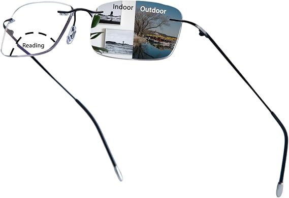 Frameless Photochromic Bifocal Blue Light Reading Glasses for Men
