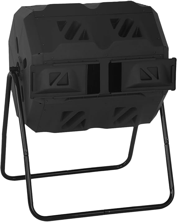 FDW | Outdoor Compost Bin | 43 Gallon | Black | Dual Chamber Tumbling Bin | with 360 Rotary Design & Air Vents | Rust & Corrosion Resistant Metal Frame | For Home, Garden, Kitchen, Yard
