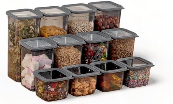 Deconox 12 Piece 3 Size Set Square Food Storage Container with Leak Proof Cover 650Ml - 1300Ml - 1900Ml Square Food Storage Container Anthracite (768)