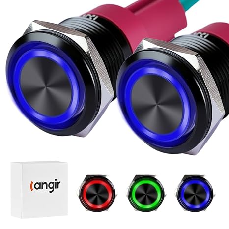 20Amp Latching Push Botton Switch 2PCS,22mm(0.866) 12V-24V Black Shell AC/DC IP67 Waterproof with Blue LED Angel Eye Light On and Off with Wire Socket.