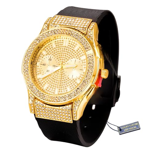 Halukakah Moissanite Diamond Gold Watch for Men,Luxury 18k Real GoldPlatinum White Gold Plated,Basic Waterproof,Fake Double Calendar Dial Iced Out,Adjustable Black Wristband,Giftbox Included,Luxury Gift for Son Grandson Dad Husband Boyfriend