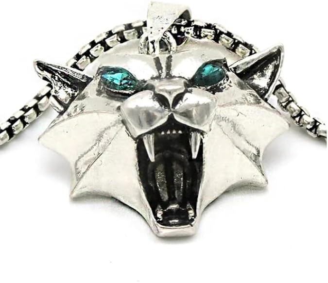 New 2025 Wizard Witcher Cat Silver Medallion Pendant Necklace 31 * 34Mm Witcher Medallion Wild Cosplay Rhinestone Silver Plated Chain Jewelry for Men Gifts (Silver - 50Cm)