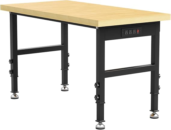 48 Wood Work Bench Work Table, Heavy-Duty Adjustable Workbench with Power Outlets, Large Load Capacity Tool Bench Workstation for Garage, Workshop