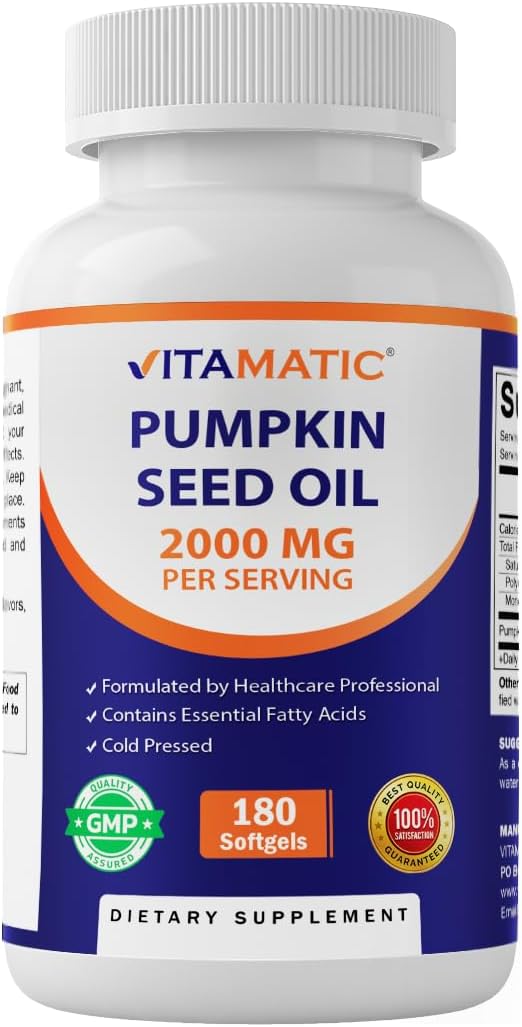 Vitamatic Pumpkin Seed Oil 2000mg Softgel Capsules per Serving - 180 Softgels - 1000mg per softgel