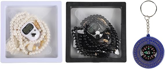 Islamic Tasbih Prayer Beads & Digital Tasbeeh Counter Set, 2 Pieces Elegant Beads with LCD Finger Counter, Elegant Islamic Gift for Dhikr Meditation Ramadan & Eid (Black, White)