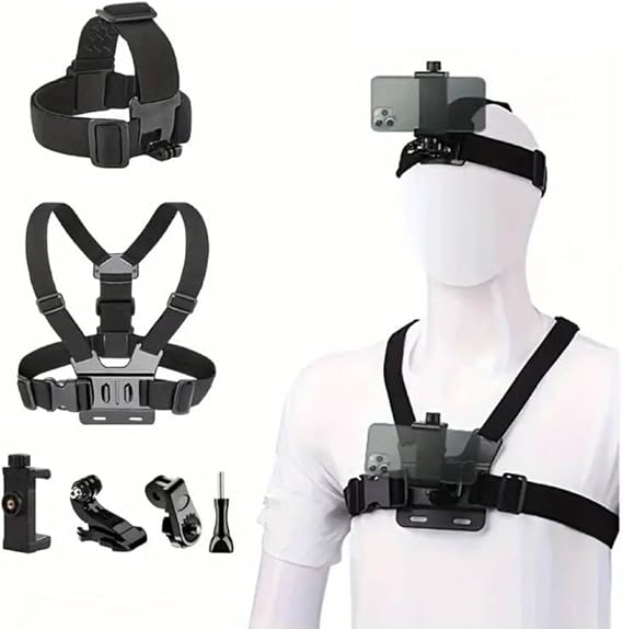 7Pcs Camera Mobile Phone Accessories Kit,Phone Chest Mount Harness for All iPhones,Stable Secure Hands Free for Filming Video Tools,POV/VLOG, Fishing,Biking Body Camera Mount for All GoPro