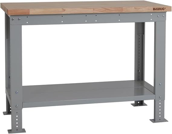 BiGDUG Height Adjustable Workbench - Heavy Duty Workshop Table - 877H x 1215W x 600D mm - Wood Worktop Full Depth Lower Shelf