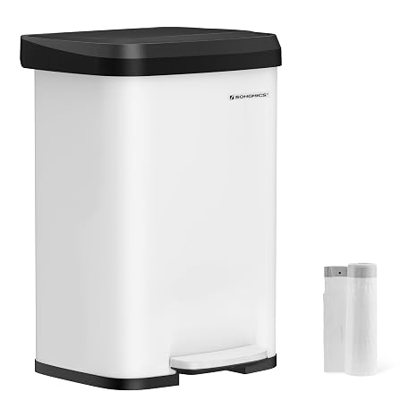 SONGMICS Kitchen Trash Can, 13 Gallon (50 L) Stainless Steel Garbage Can, with Stay-Open Lid and Step-on Pedal, Soft Closure, Tall, Large and Space-Saving, White and Black ULTB530W50