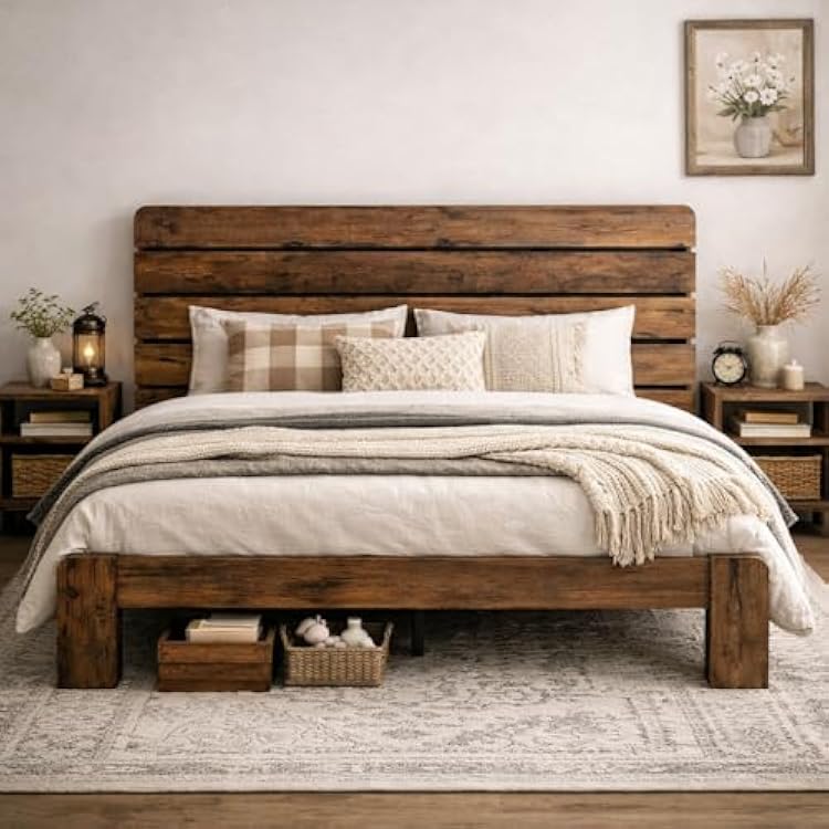 Wooden Full Size Bed Frame with Headboard, Rustic Farmhouse Platform Bedframe with Wood Slat Support, Sturdy and No Noise, Easy Assembly Light BrownLinear Headboard, Full