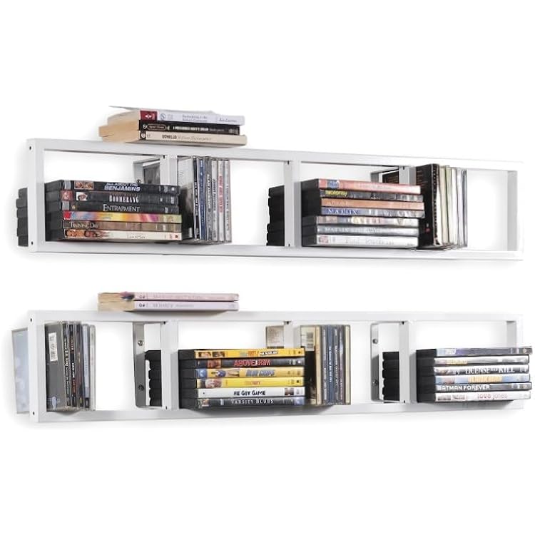 CD Storage Shelf for Wall, 34 Inch Media Storage Rack, Wall Mounted Video Games CD DVD Organizer Metal Shelf, Cube Storage Organizer Floating Shelf 2 Pcs, White