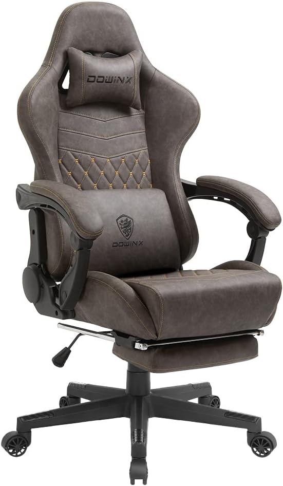 Dowinx Gaming Chair Office Chair PC Chair with Massage Lumbar Support, Vintage Style PU Leather High Back Adjustable Swivel Task Chair with Footrest (Brown)
