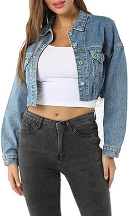 Women's Denim Jacket Distressed Oversized Short Crop Jean Top