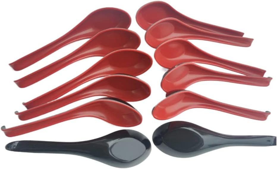 Plastic Large Soup Spoons with Long Handle, Red and Black Wonton Rice Spoons for Noodles Chinese Won Ton 12 Pack