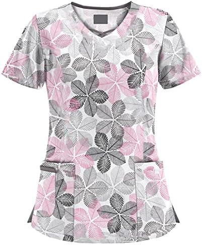 Scrubs for Women Plus Size Stretch Short Sleeve V Neck Pattern Nurse Tops Working Uniform Nursing Top with Pockets