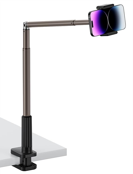Viozon Phone Holder, Flexible Long Arm,Overhead Mount,360 Angle Adjustable,Aluminum Alloy, C Clamp for Headboard Bedside&Table&Desk,Compatible with 3.5"-6.9" Phone,iPhone 16 15Plus / Pro Max