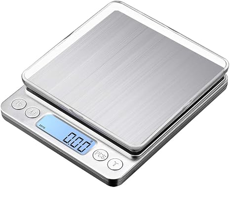 3000 g digital kitchen scales, letter scales, household scales, precision scales with tare function, 3000 x 0.1 g, with LCD display, stainless steel platform for measuring food jewellery, silver