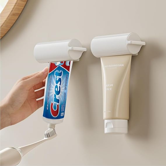Toothpaste Squeezer Wall Mount,2PCS Rolling Toothpaste Tube Squeezer Storage Organisation Rack,Self-Adhesive Toothpaste Roller Hanger for Bathroom Decor.