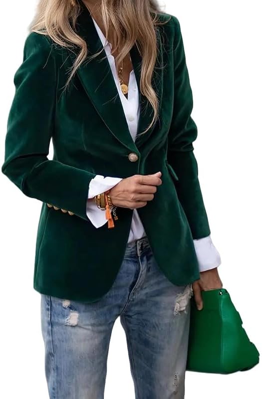 Blazer for Women Velvet Blazer Jacket with 1 Button Vintage Long Sleeve Lapel Suit Coat Solid Elegant Outerwear for Business Work and Office with Pockets