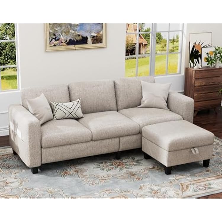 Sectional Couches for Living Room - Convertible L Shaped Couch with Storage Ottoman - 78 Modern 3 Seater Mocha Brown Sofa for Apartment Studio Basement Compact Space | With Movable Ottoman, Linen Velvet Fabric