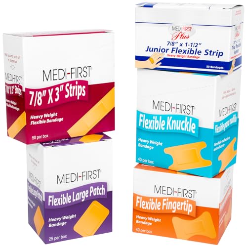 MFASCO Medifirst Bandage Assortment - Variety Pack of Adhesive Bandages, Including Knuckle & Finger - Refill Pack for Workplace First Aid Kits - Fabric Bandages - Ideal for refilling Industrial Kits