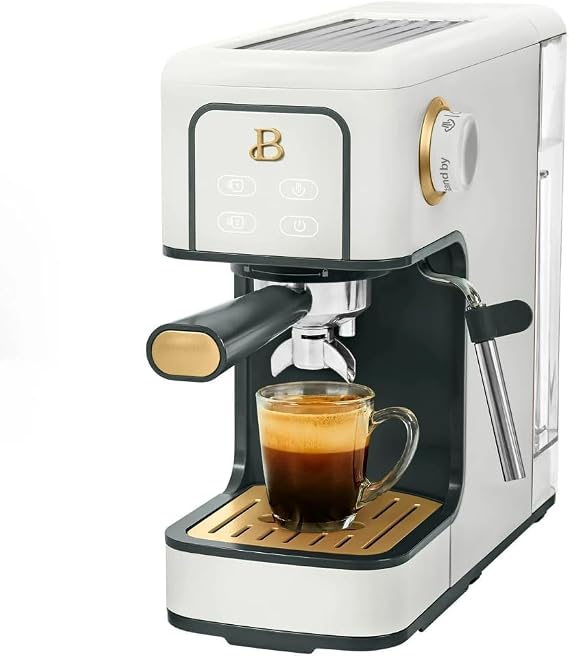 Slim Espresso Maker 20Bar Pressure, DualSpout 52 mm Portafilter, 50 oz Removable Tank, 2in1 Steam Wand & Touch Controls (White Icing)