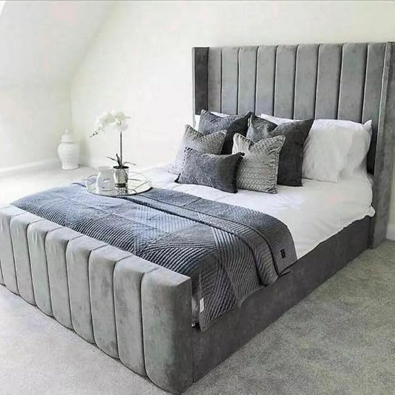 BED CRAFT Wingback Bed panel upholstered Frame Double King size Super King size Without Mattress In grey plush velvet handmade in UK-Gaslift option available (gaslift storage, King (U.K. Standard))