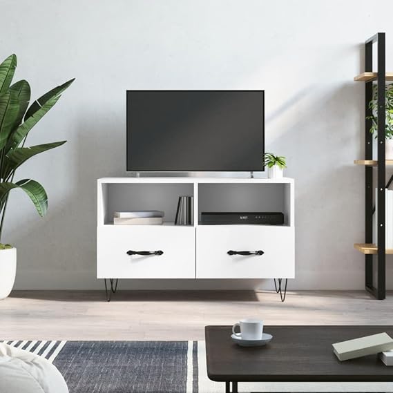 Small TV Stand Unit with 2 Drawers, Modern TV Cabinet with Open Shelf for Small Space, 80x36x50 cmTV Console Table Entertainment Center for Living Room, A Legs - White