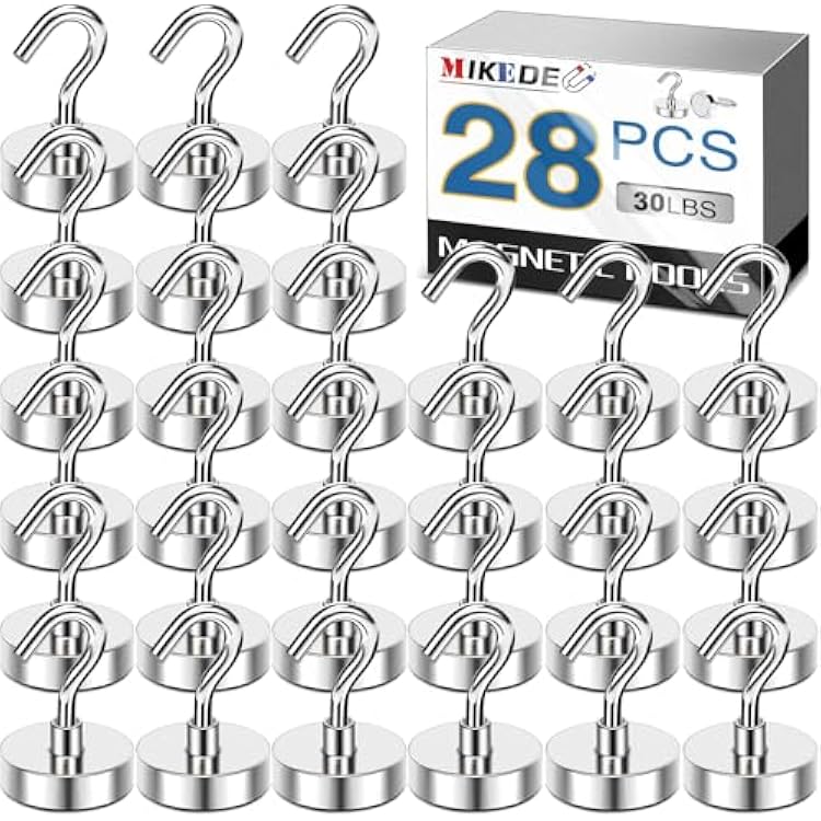 MIKEDE 30LB Magnetic Hooks, N52 Strong Neodymium Magnets Hooks for Hanging Heavy Duty for Refrigerator Extra Cruise Hook for Kitchen, Classroom, Workplace, Grill - 28PCS