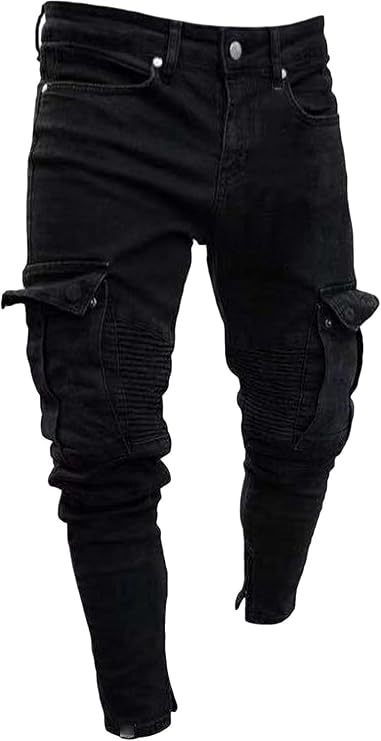 Men's Skinny Ripped Distressed Denim Pants Punk Gothic Mid Waist Jeans Trousers Zipper Slim Fit Moto Biker Jeans