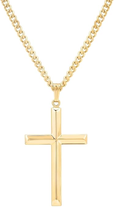 Men's Gold Filled Christian/Catholic Large Cross Pendant Necklace, Masculine & Big Gold-Filled Cross Shaped Pendant, 24" (Inch) Stainless Steel Curb Chain Necklace With Spring Ring Clasp, Male Cross