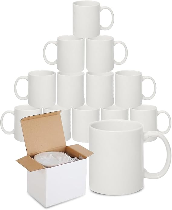 Sublimation Mugs with Boxes | Plain White Large Handle High Gloss Orca Coated, Ceramic Mug for Coffee & Tea | Ideal for Gifting & DIY Projects, Heat Press Printing Mugs 11oz (Pack of 12)