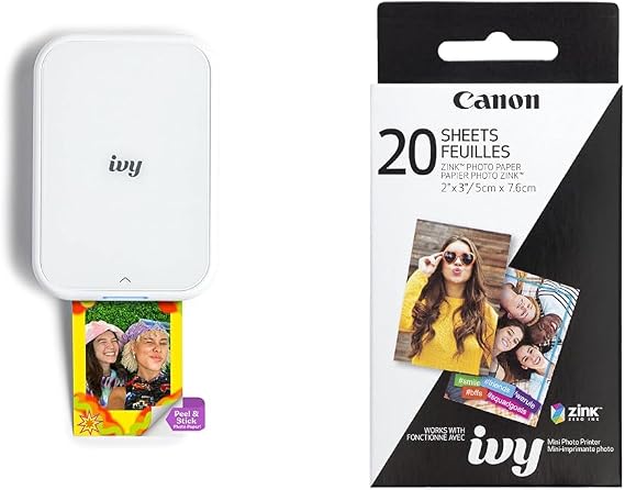 Canon Ivy 2 Mini Photo Printer, Print from Compatible iOS & Android Devices, Sticky-Back Prints, Pure White Zink Photo Paper Pack (20 Sheets)