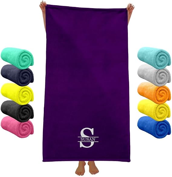Personalized Beach Towel for Adults - Custom Embroidered Monogrammed Beach Towel with Name, Soft Terry Velour Quick Dry Design - Purple, 30"x60"