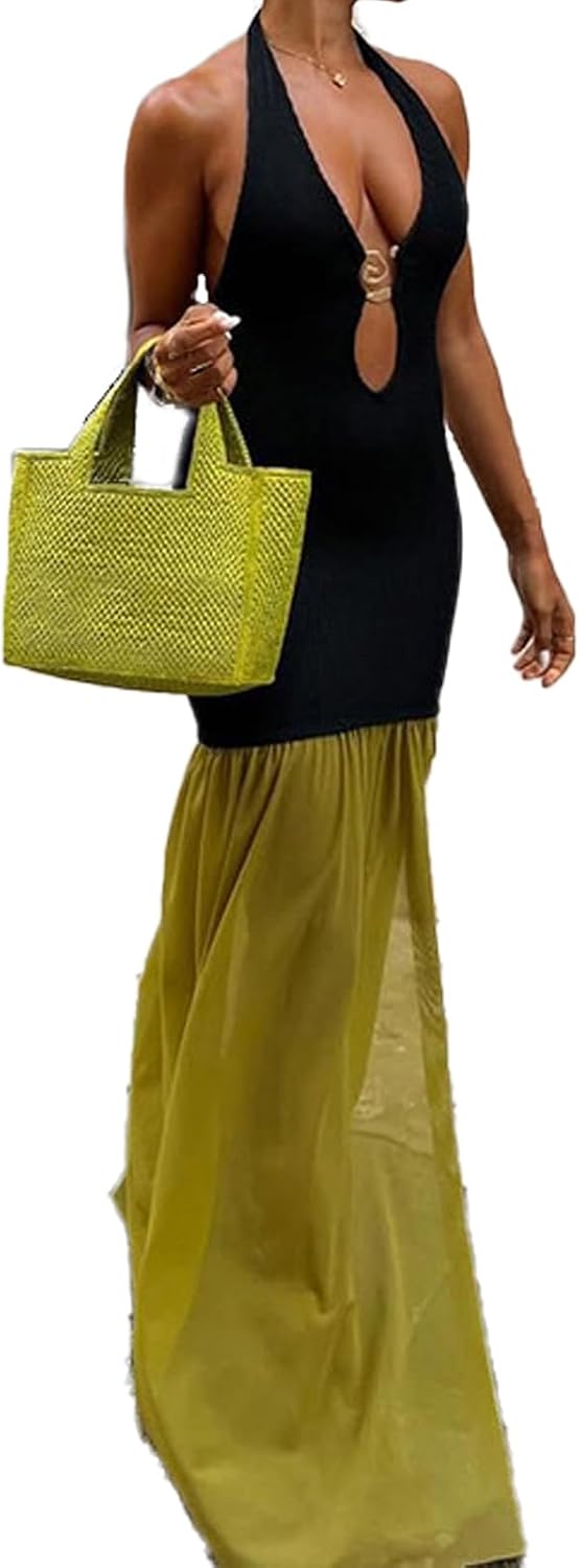 Molisry Womens Patchwork Halter Dress Sexy Sleeveless Hollowed Cut Out Mesh Flowy Slit Maxi Sun Dress Party Club