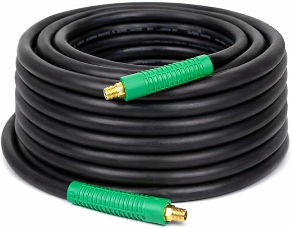 DYNAMIC POWER Premium Black Rubber Air Hose 3/8" x 50' 300 PSI Assembly with 1/4" Male Pipe Thread Fittings & Bend Restictors.