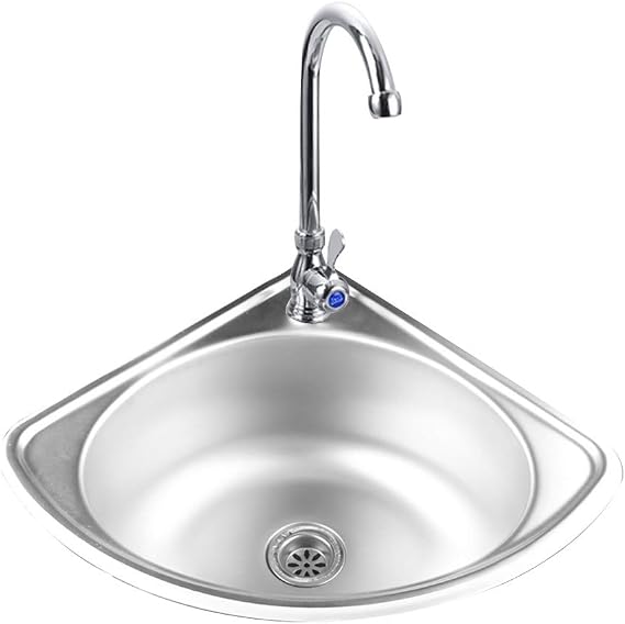 201 Stainless Corner Single Bowl Sink with Faucet,Stainless Steel Triangle Wash Basin with Strainer, Small Wall Mount Sink Mini Space Corner Vanity Bathroom Sink for Kitchen & Restrooms (With Faucet)