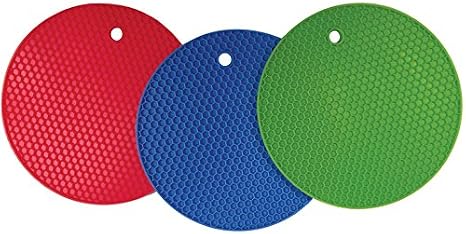 Better Kitchen Products Set Of 3, Large Silicone Pot Holders, Hot Pads, Trivets, 7 Inch, Blue, Lime Green and Red