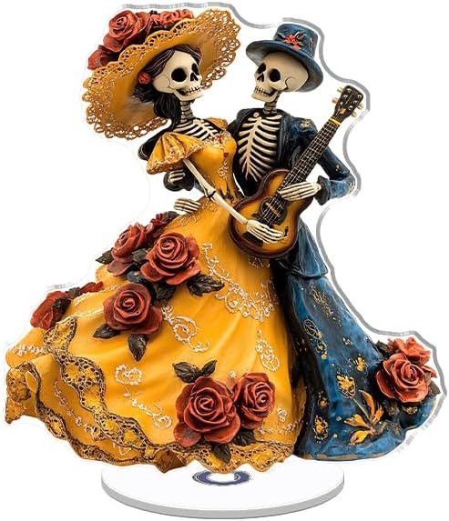 YLUYINOM 2D Flat Acrylic Tabletop Display Plaque, A Couple of Decorated Skeleton Figurines in Elegant Attire, Rotatable, with Base