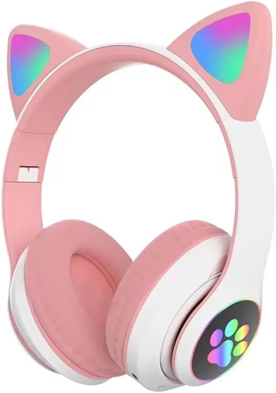 Kablosuz Kulaklık Flaş Işığı Sevimli Kedi Bluetooth Mic ile Kontrol LED Stereo Müzik Kask Telefon Bluetooth Kulaklık Hediye (Pembe)